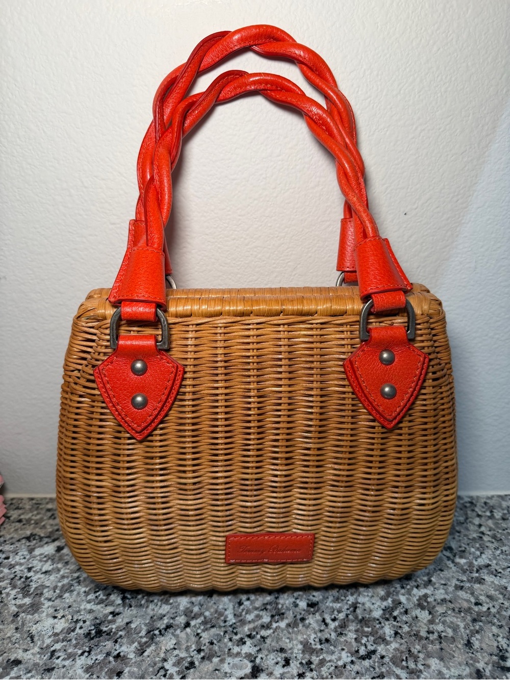 Tommy Bahama Woven Rattan Shoulder Bag with Orange Braided Handles
